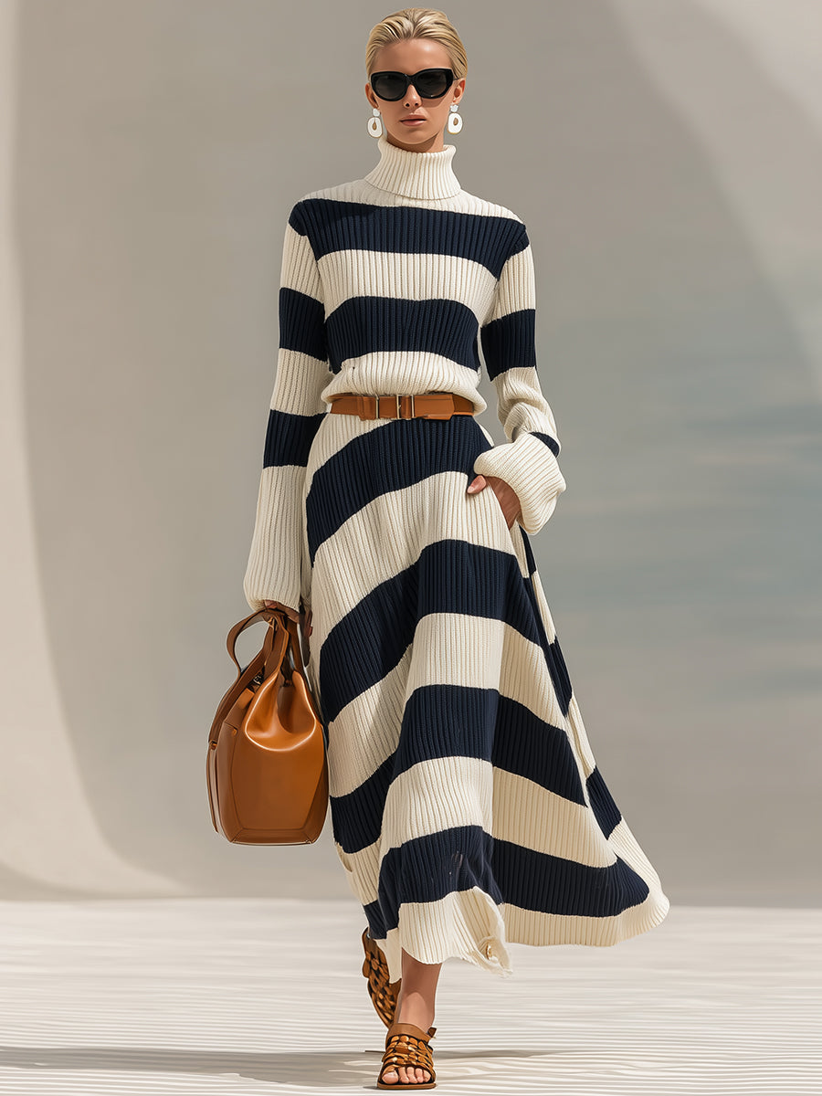 DUMENZA - Abito maxi in maglia blu navy e bianco a righe contrasto