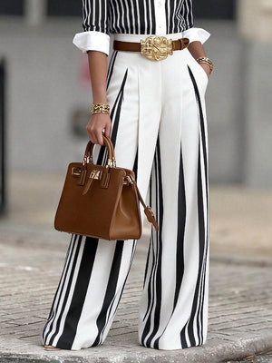 INVORIO - Completo Camicia Striata e Pantaloni Wide Leg a Vita Alta
