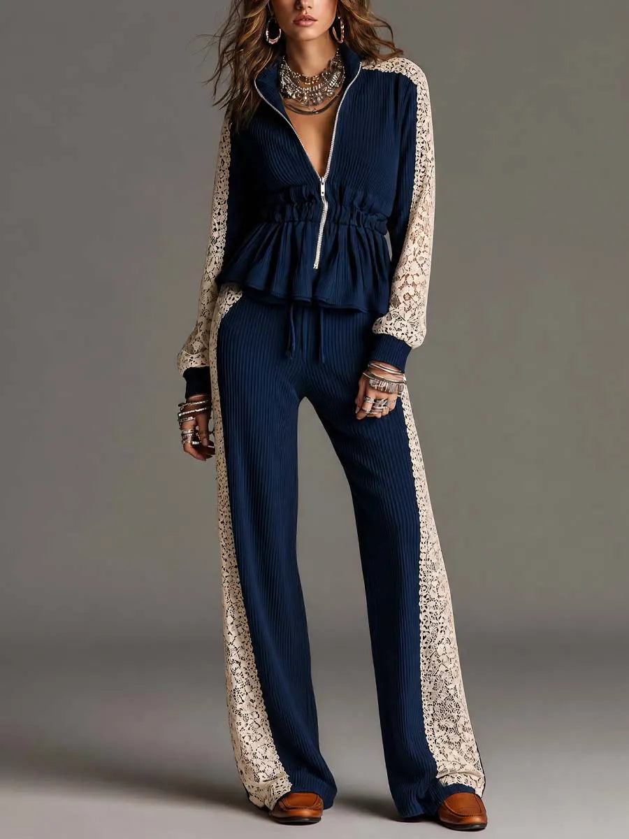 MELLO - Completo blu in maglia a coste, top zip e pantaloni ampi
