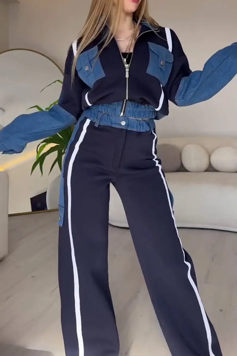 Set due pezzi con giacca e pantaloni con inserti denim