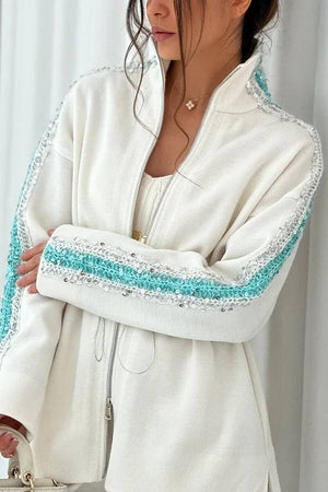 LETINO - Completo 2 pezzi in maglia testurizzata con paillettes, bianco e rosa