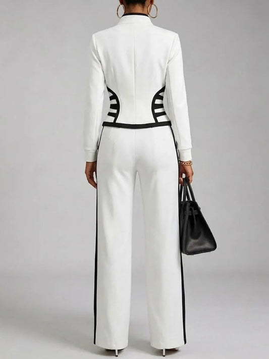 Cozy And Casual Two-piece Set Featuring A Slim-fit, Stretchy Zip-up Sweatshirt And Pants With Black Webbing Trim.