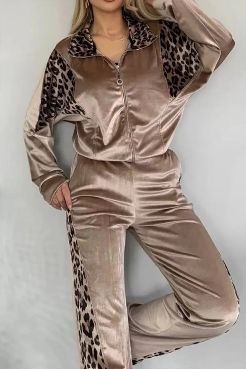Lady Leopard Print Homewear Jacket+ Trousers Set