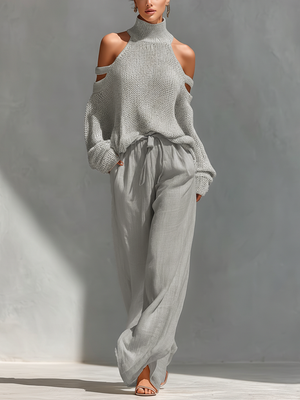 AURORA - Set top in maglia e pantaloni larghi beige