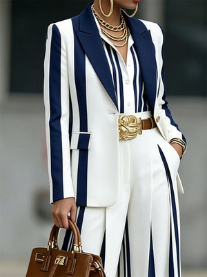 CALCIANO - Blazer blu navy a righe con bottoni e collo a revers