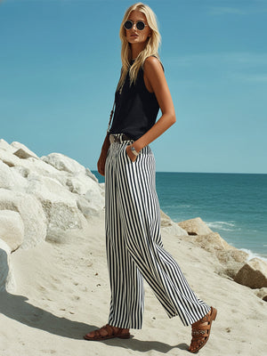CIGOGNOLA - Set Pantaloni in Cotone-Lino Nero e Bianco a Righe Verticali