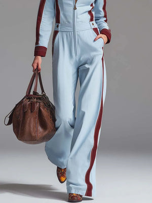 PIANTEDO - Tuta in cotone azzurra colorblock con zip e gamba ampia