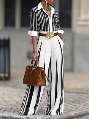 INVORIO - Completo Camicia Striata e Pantaloni Wide Leg a Vita Alta