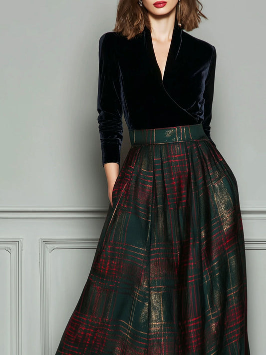 GIULIA - Abito Maxi Verde in Velluto e Quadri Patchwork
