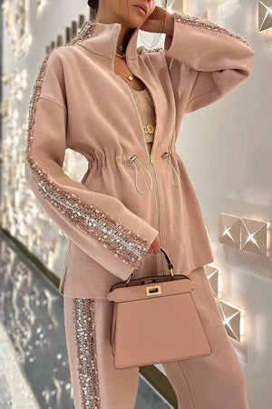 LETINO - Completo 2 pezzi in maglia testurizzata con paillettes, bianco e rosa