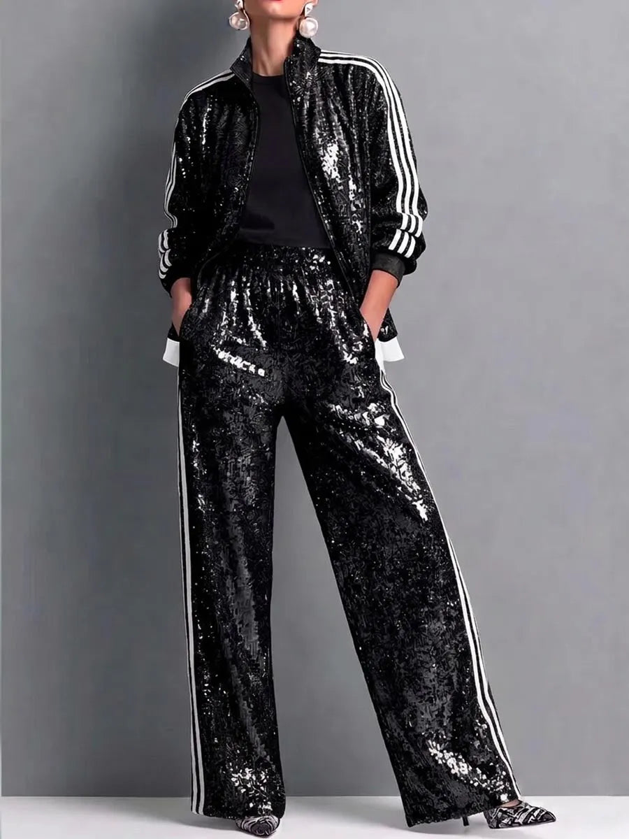 Set due pezzi con giacca e pantaloni con paillettes e righe laterali