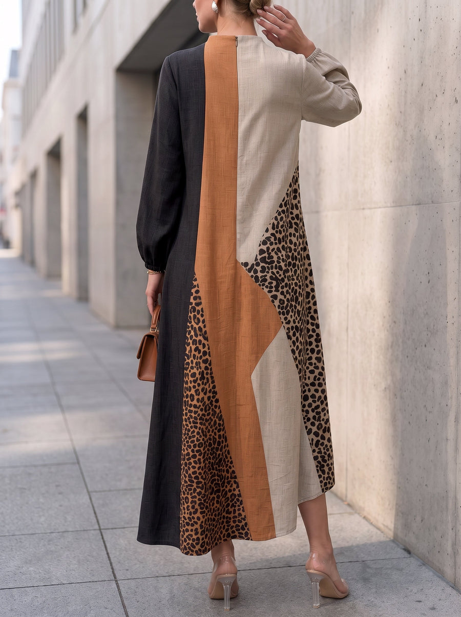 BORBONA - Maxi abito leopardato morbido con zip e maniche lunghe a contrasto
