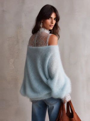 GROSOTTO - Maglia blu in mohair soffice con pizzo off-shoulder