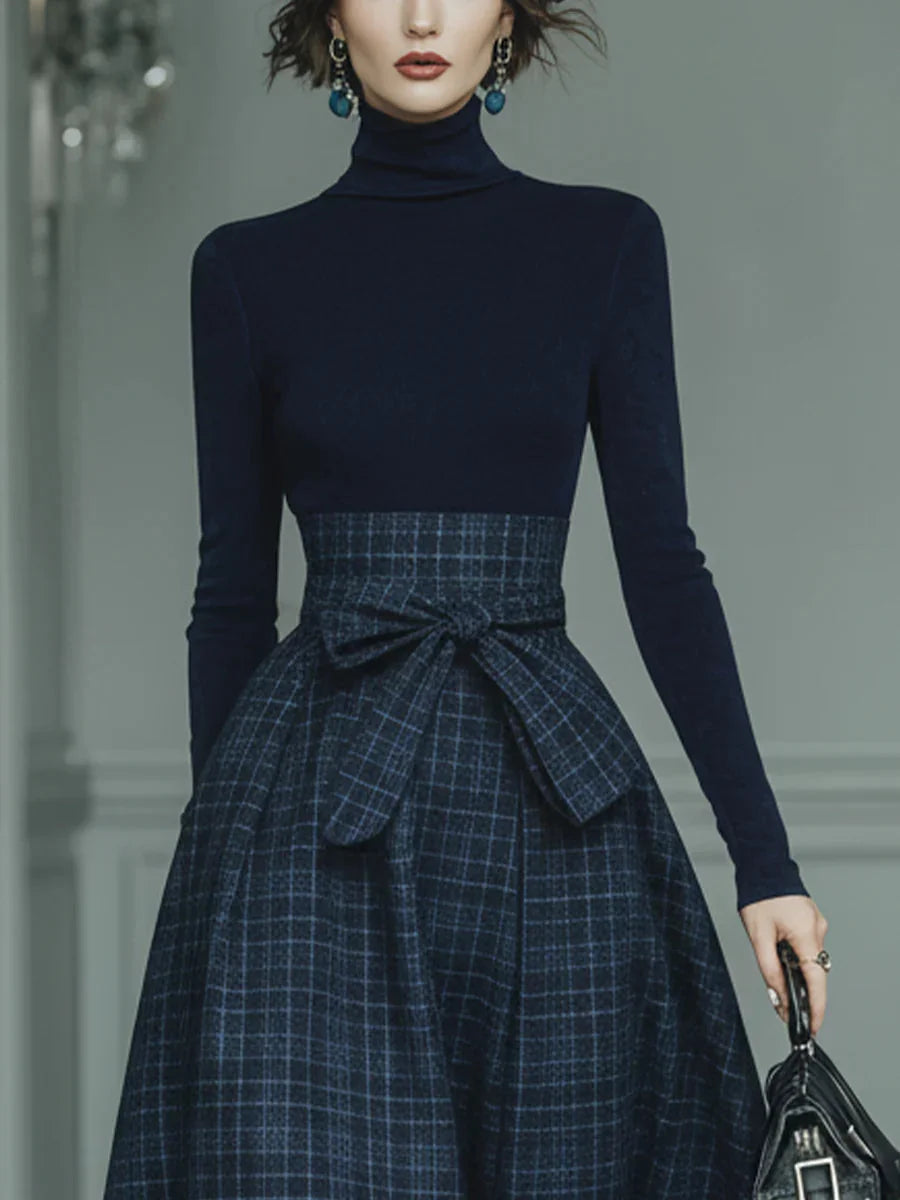 SOFIA - Completo blu con top elasticizzato e gonna a quadri