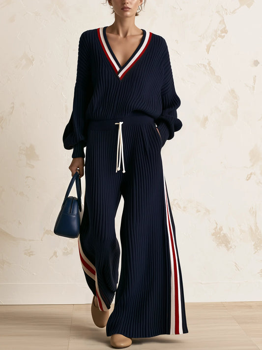 ARDESIO - Jumpsuit blu in maglia a coste con righe e gamba ampia