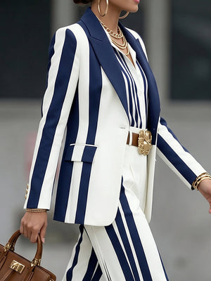 CALCIANO - Blazer blu navy a righe con bottoni e collo a revers