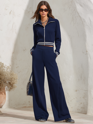 PADRIA - Completo Blu in Maglia a Costine con Zip e Pantaloni Wide Leg