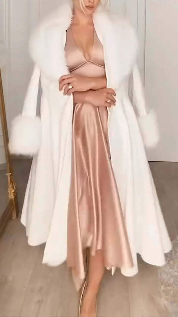 Cappotto midi in misto lana con collo in pelliccia sintetica bianco