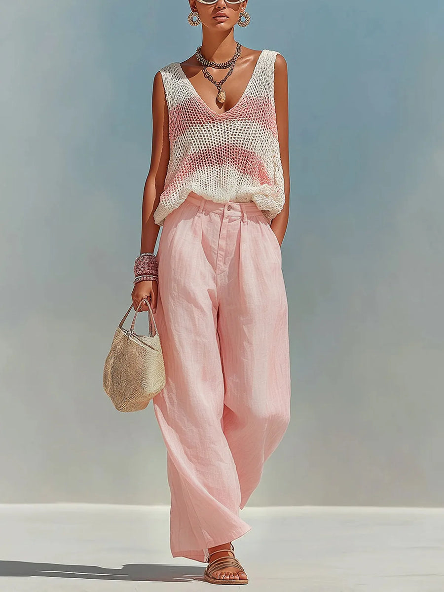 OCRE - Set due pezzi con top traforato avorio-rosa e pantaloni ampi