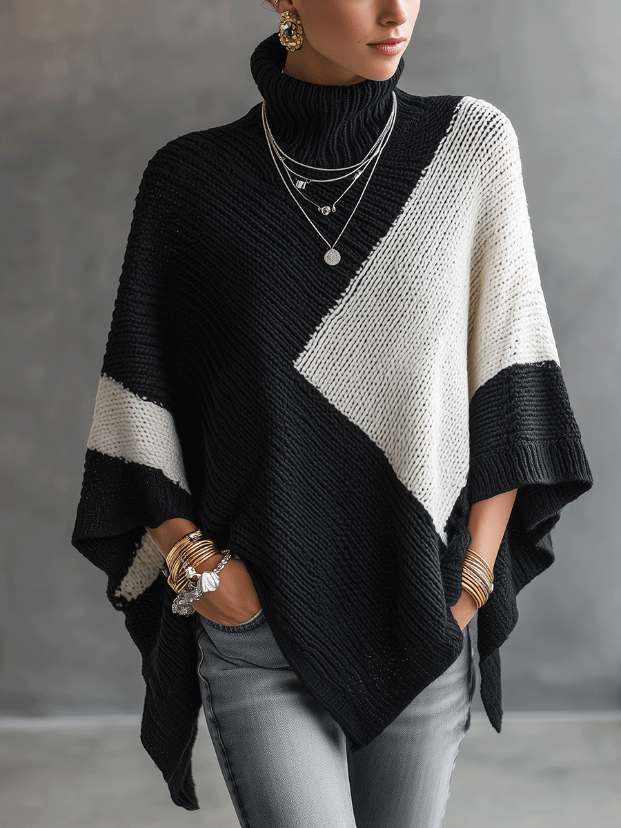 EMILIA - Poncho dolcevita colorblock nero in maglia