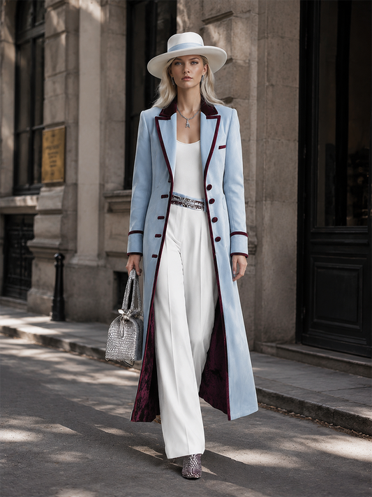GAVIRATE - Cappotto in velluto blu ghiaccio bicolore con profili a contrasto