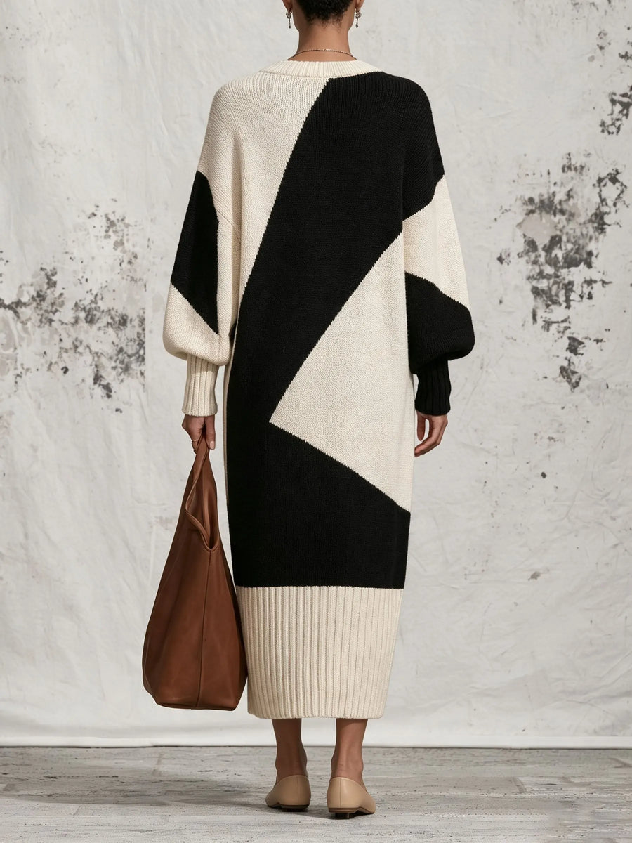 MONTOTTONE - Abito midi in maglia bianco e nero con maniche balloon