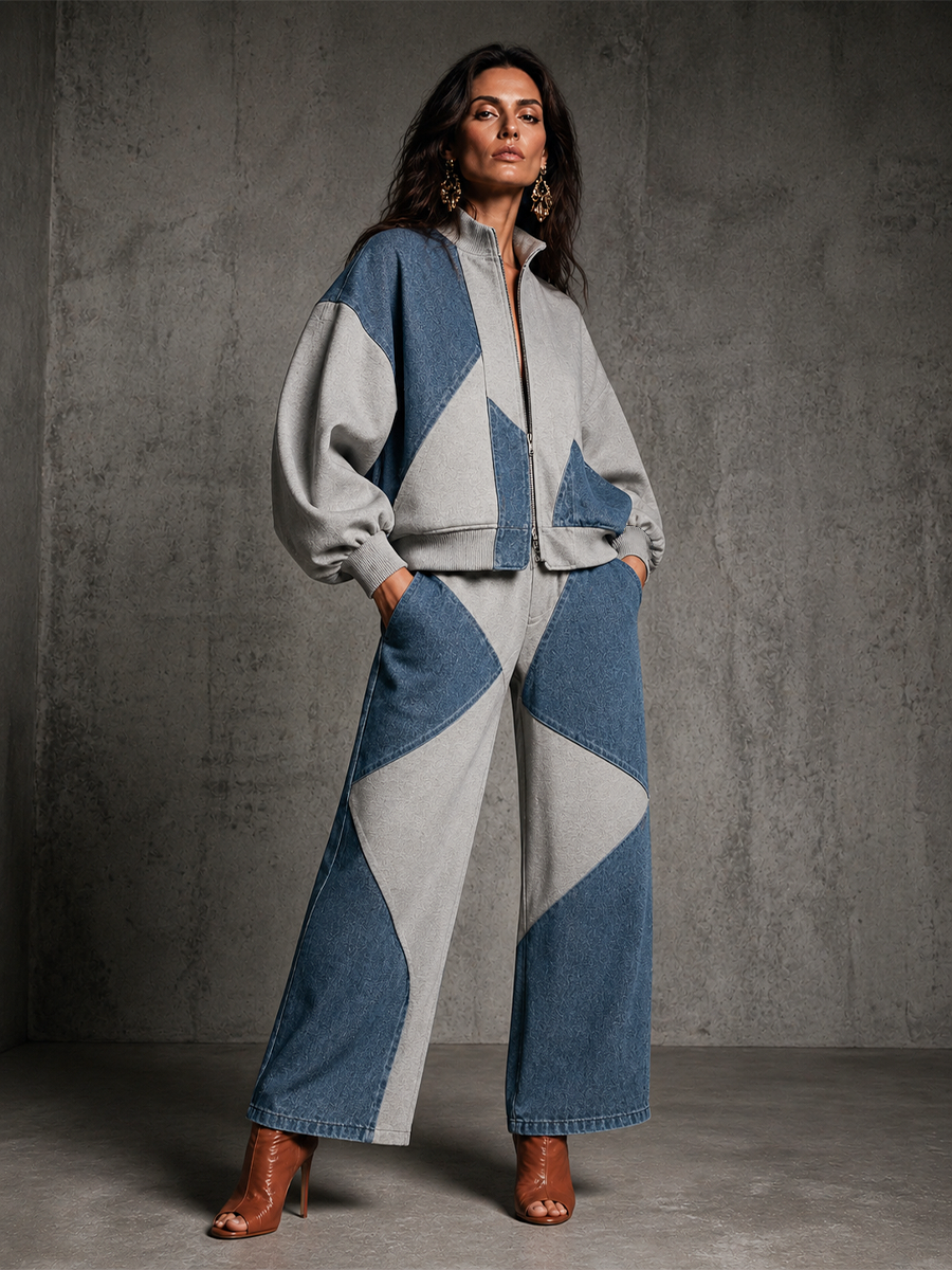 TRIGOLO - Set due pezzi blu e grigio con zip casual