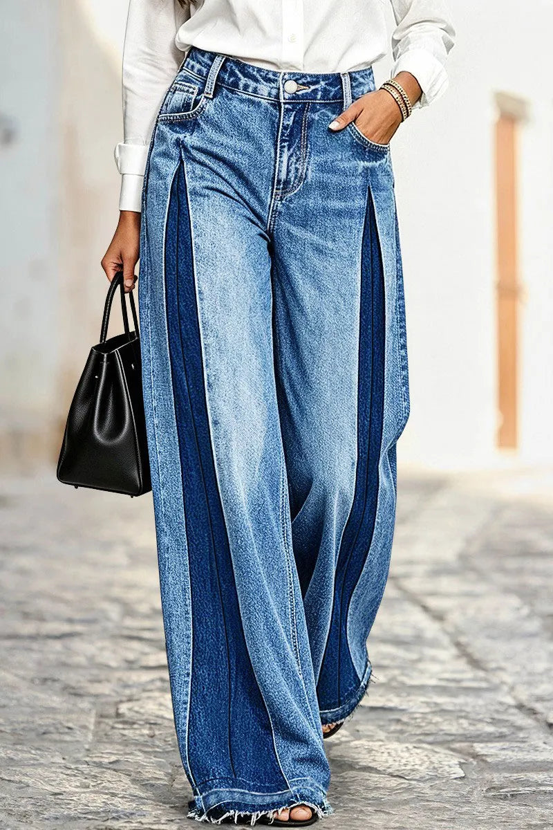 GAGLIOLE - Jeans wide leg blu medio a vita media con pannelli a contrasto e orlo grezzo