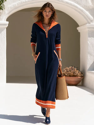 COLONNELLA - Abito maxi blu elasticizzato con colletto a contrasto