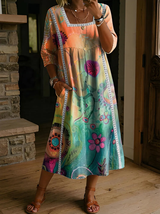 CIRIMIDO - Women's Folk Printed Square Neck Hollow Cotton Pocket Dress