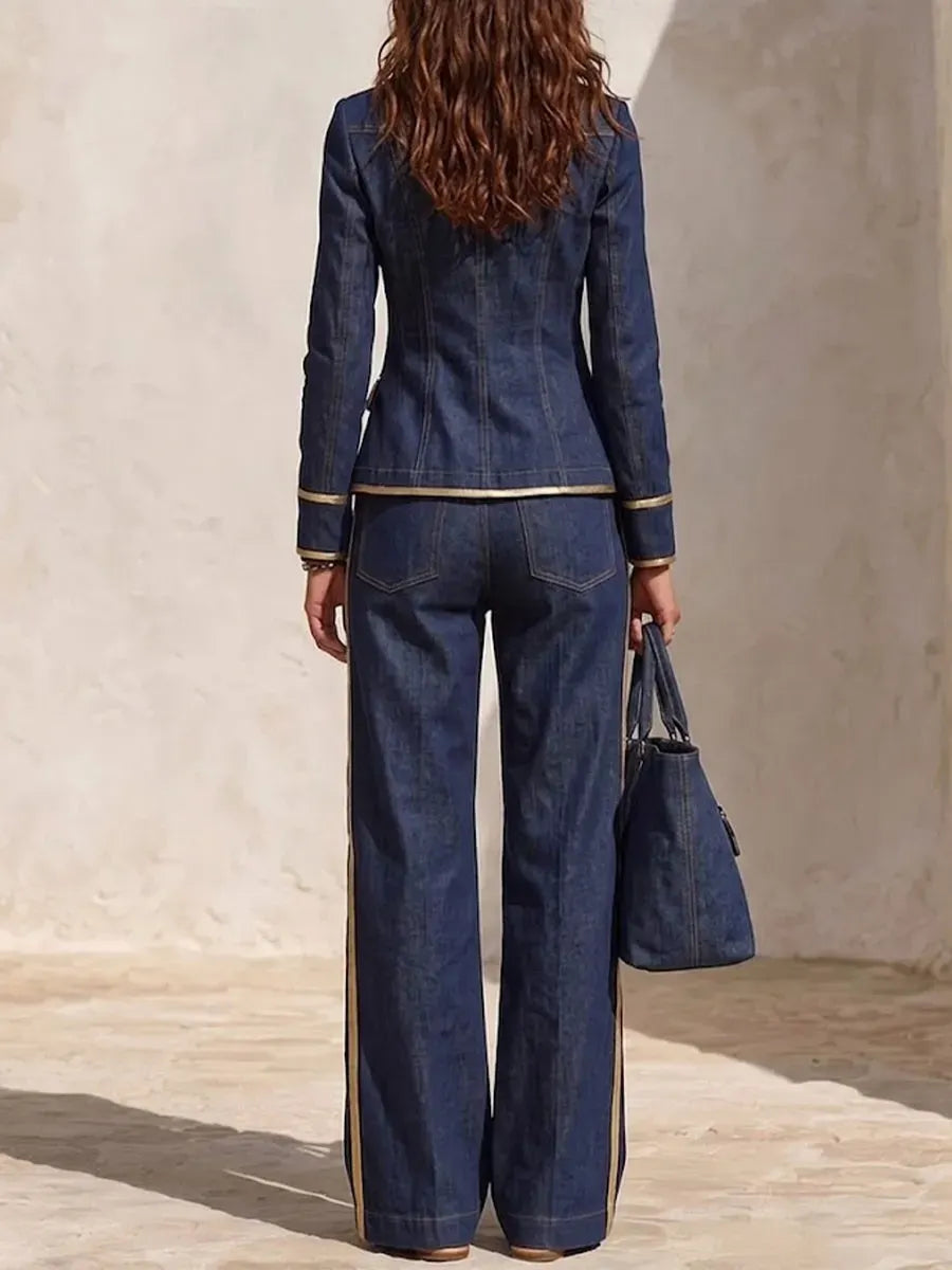 ASIA - Jeans casual blu con profili dorati