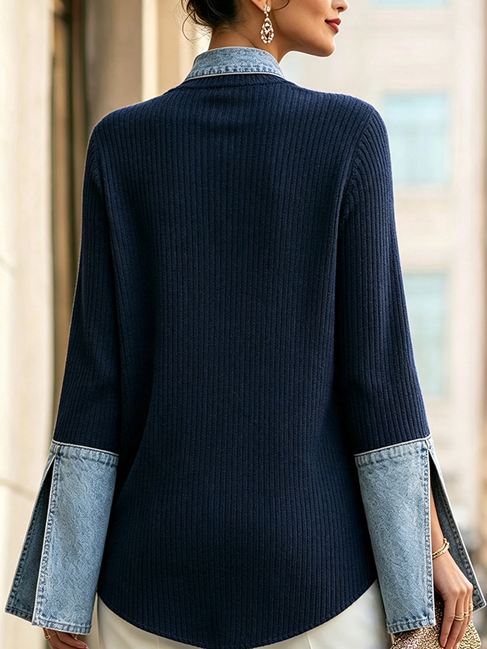 MORTARA - Top in maglia denim patchwork blu con collo alto