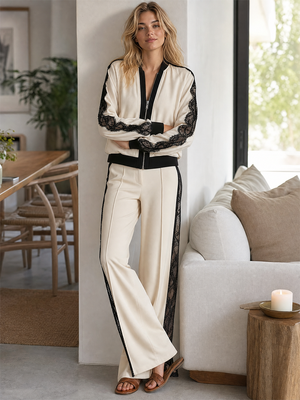 BANCHETTE - Completo bianco bomber con pizzo e pantaloni wide leg