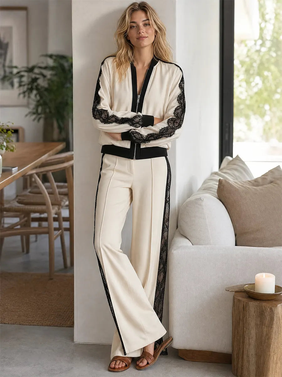 Sport Luxe Lace Panel Bomber Jacket & Wide Leg Pants Set