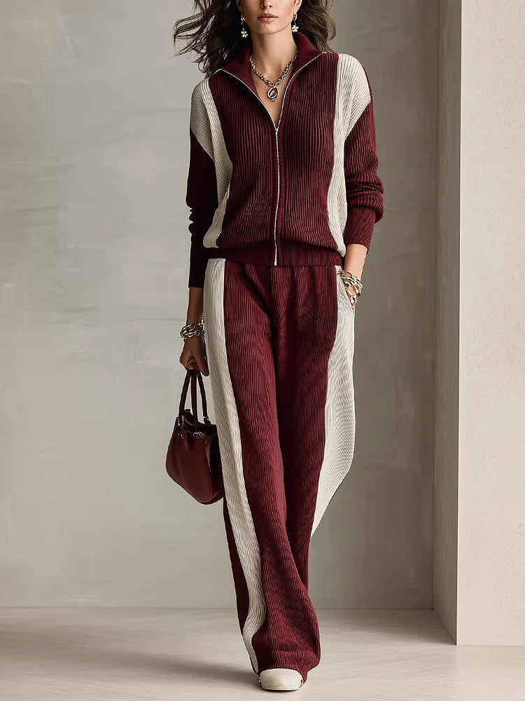 BRUSNENGO - Set due pezzi in maglia bordeaux color block