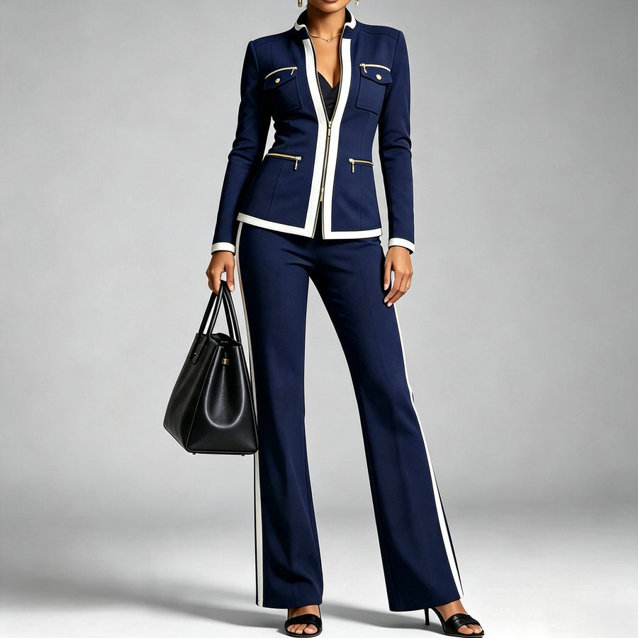 Women's Modern Contrast Trim Stand Collar Full Zip Long Sleeve Jacket & High Waist Straight Leg Pants 2Pcs Set