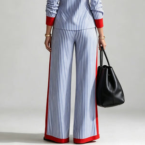 TREZZONE - Pantaloni blu palazzo a righe con tasche oblique