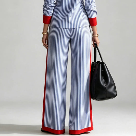 TREZZONE - Pantaloni blu palazzo a righe con tasche oblique