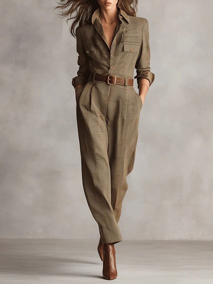 GIULIA - Tuta utility in tweed marrone fantasia elegante
