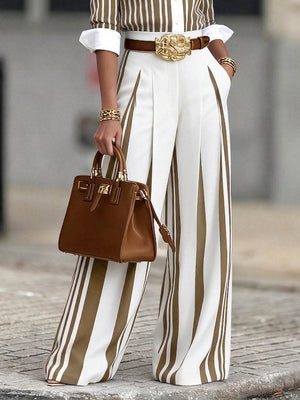 INVORIO - Completo Camicia Striata e Pantaloni Wide Leg a Vita Alta