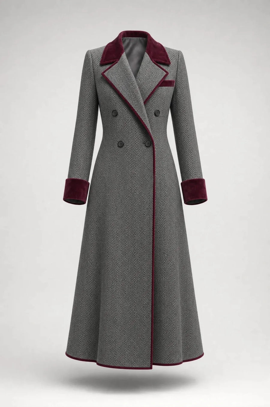 NONE - Cappotto lungo grigio in misto lana spigato