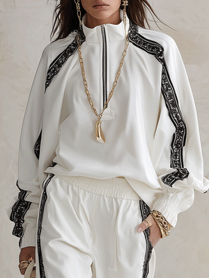 MOLISE - Completo bianco con zip e pantaloni ampi a contrasto