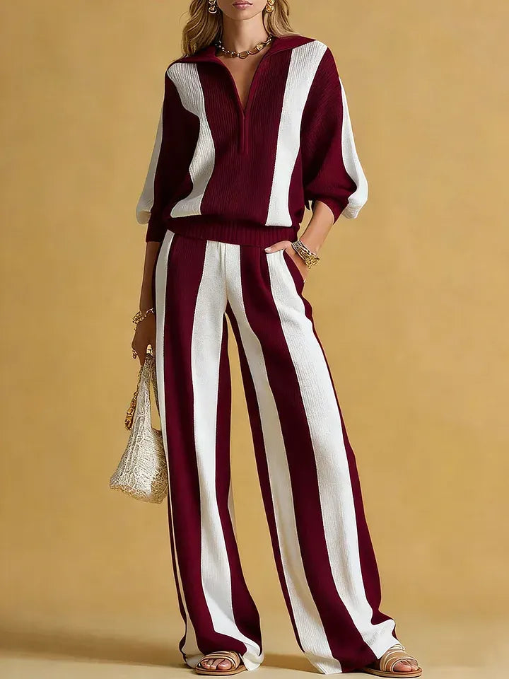 PERLO - Set due pezzi in maglia a righe con cardigan e pantaloni wide-leg
