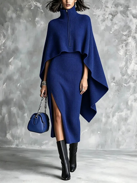 GALATONE - Completo mantella in maglia a coste blu royal