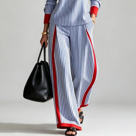 TREZZONE - Pantaloni blu palazzo a righe con tasche oblique