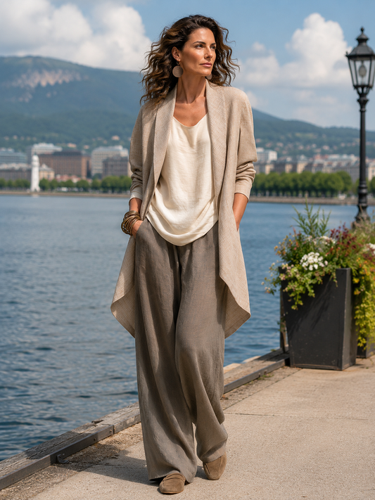 GIULIA - Completo beige-grigio 3 pezzi, cardigan e pantaloni ampi