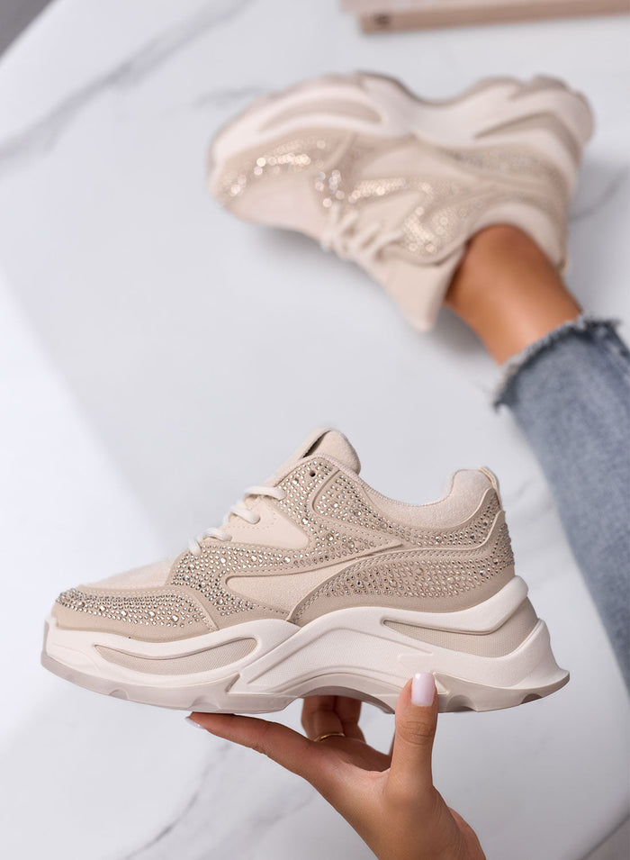 GIULIA - Sneakers beige con strass e suola chunky