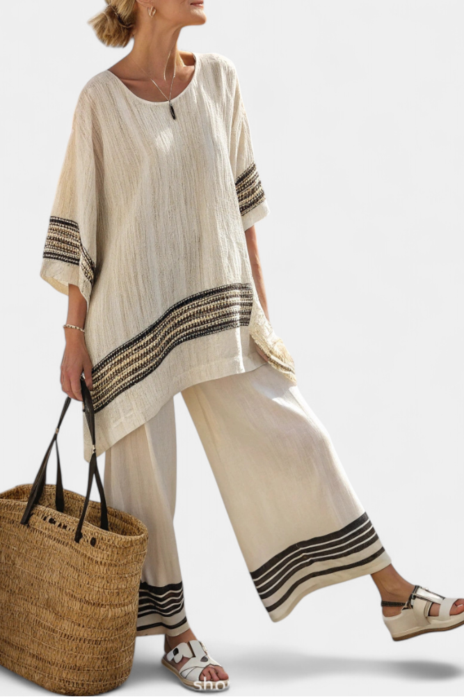 BEATRICE - Set lino a strisce multicolori con pantaloni fluidi