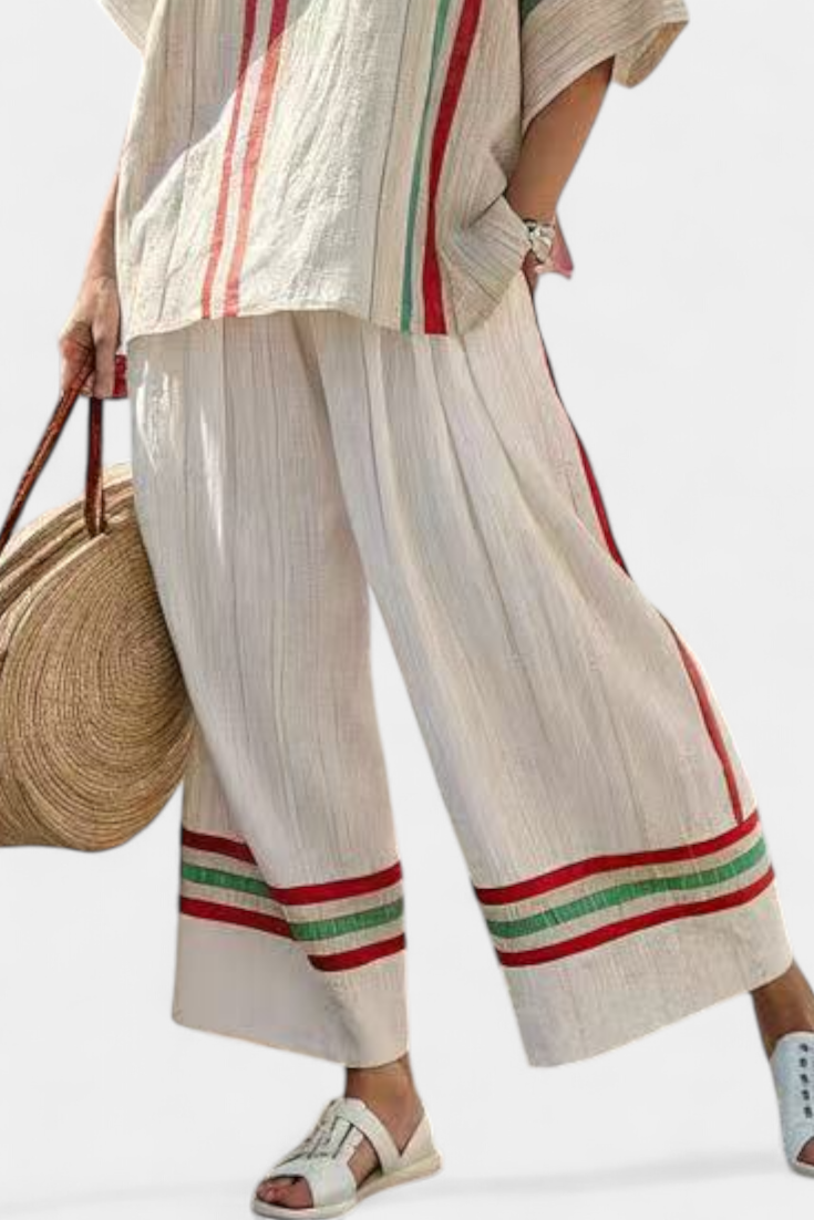 CHIARA - Completo boho a righe multicolori con pantaloni larghi