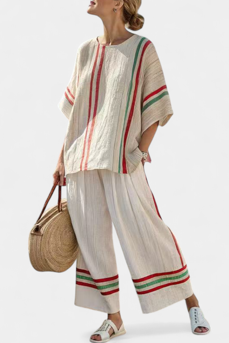 CHIARA - Completo boho a righe multicolori con pantaloni larghi